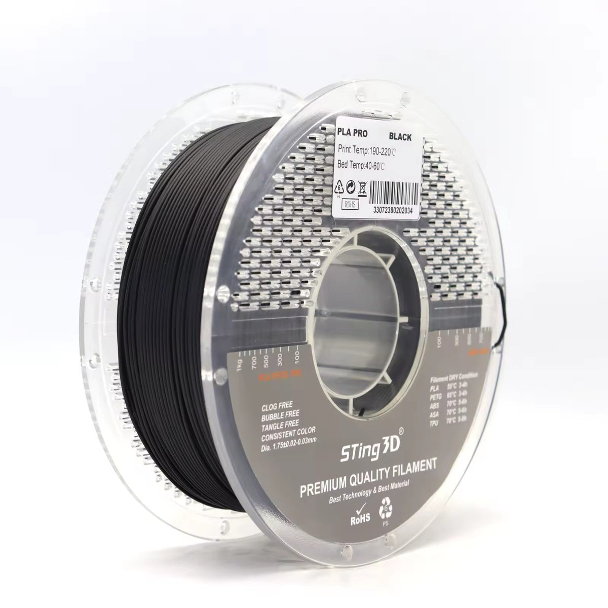 Sting 3D PLA PRO nero 1 kg – bobina trasparente, filamento 1,75 mm