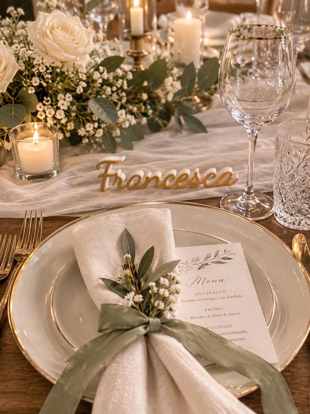 Segnaposto Francesca in bianco caldo e oro con allestimento floreale