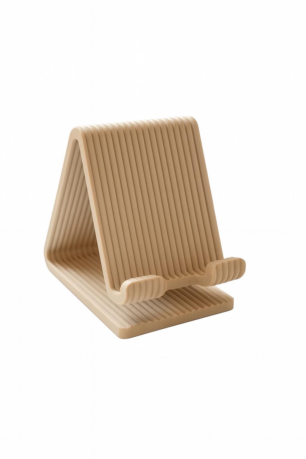 Supporto smartphone beige da scrivania, dettaglio del profilo e dell'appoggio frontale