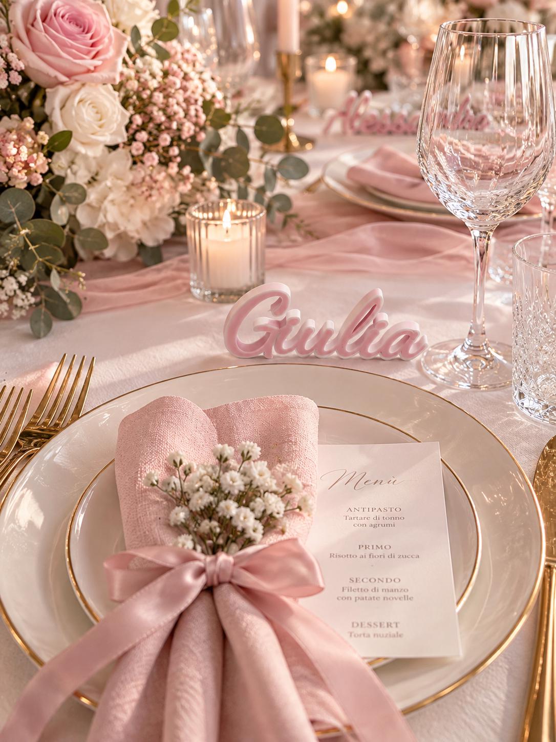 Segnaposto Giulia bicolore rosa e bianco caldo su una tavola coordinata