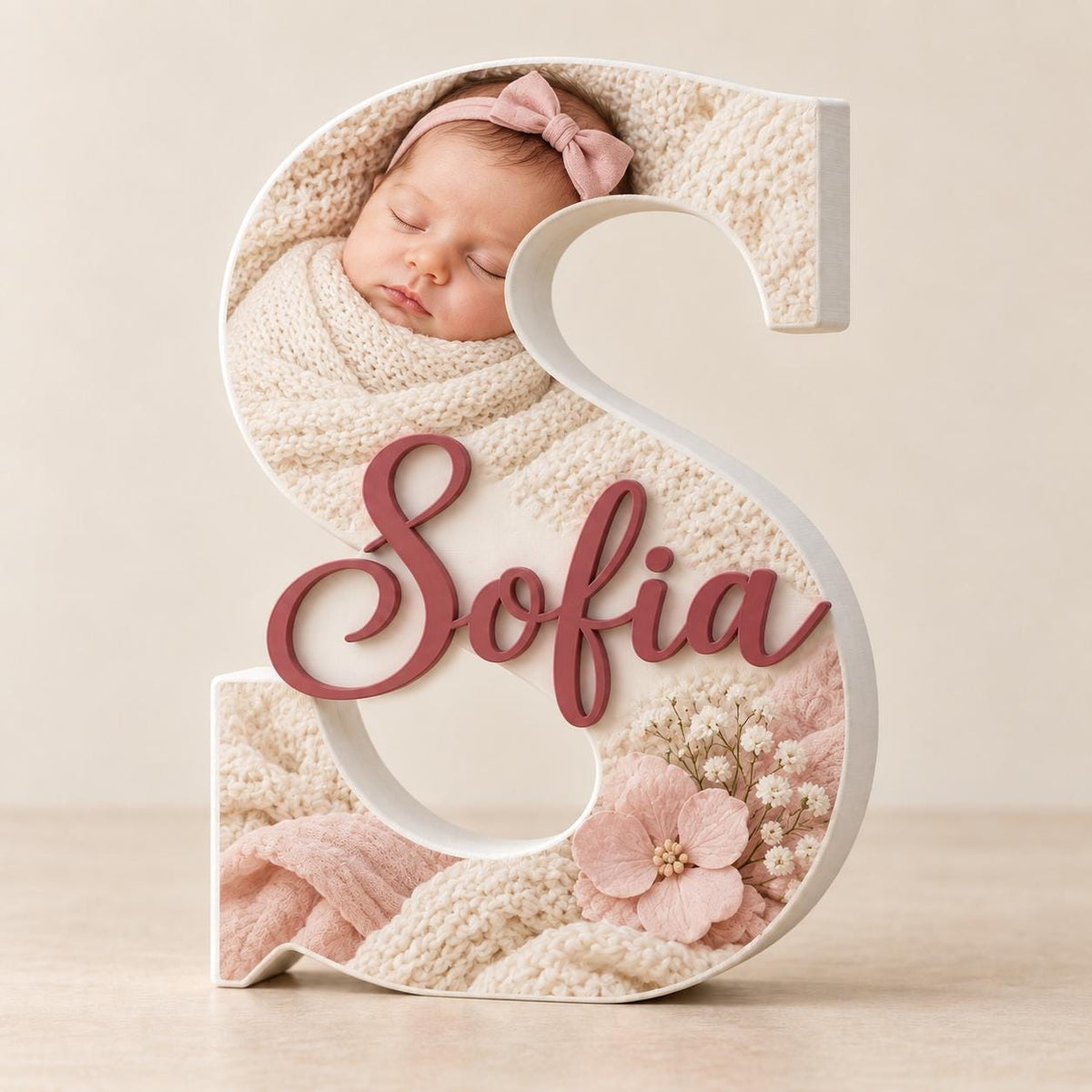 Anteprima di lettera S con fotografia di una neonata addormentata e nome Sofia rosa in rilievo.