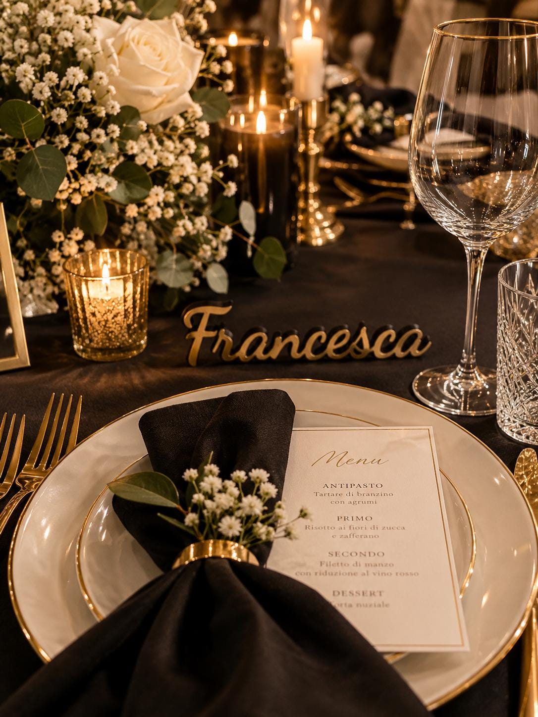 Segnaposto Francesca nella combinazione nero e oro con allestimento coordinato