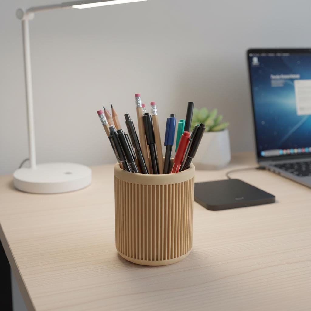 Portapenne rigato beige ambientato in una postazione home office
