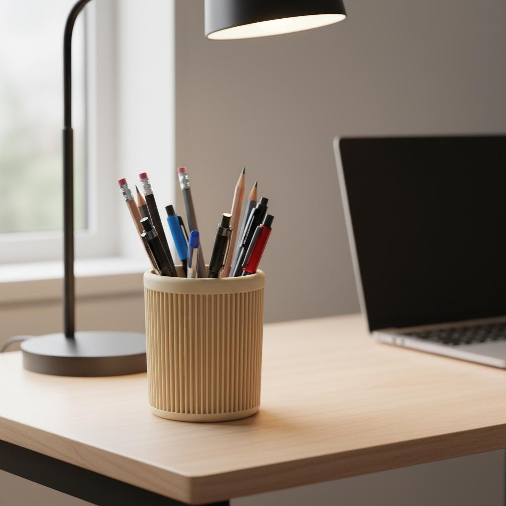 Portapenne beige con penne e matite su una scrivania accanto a lampada e computer