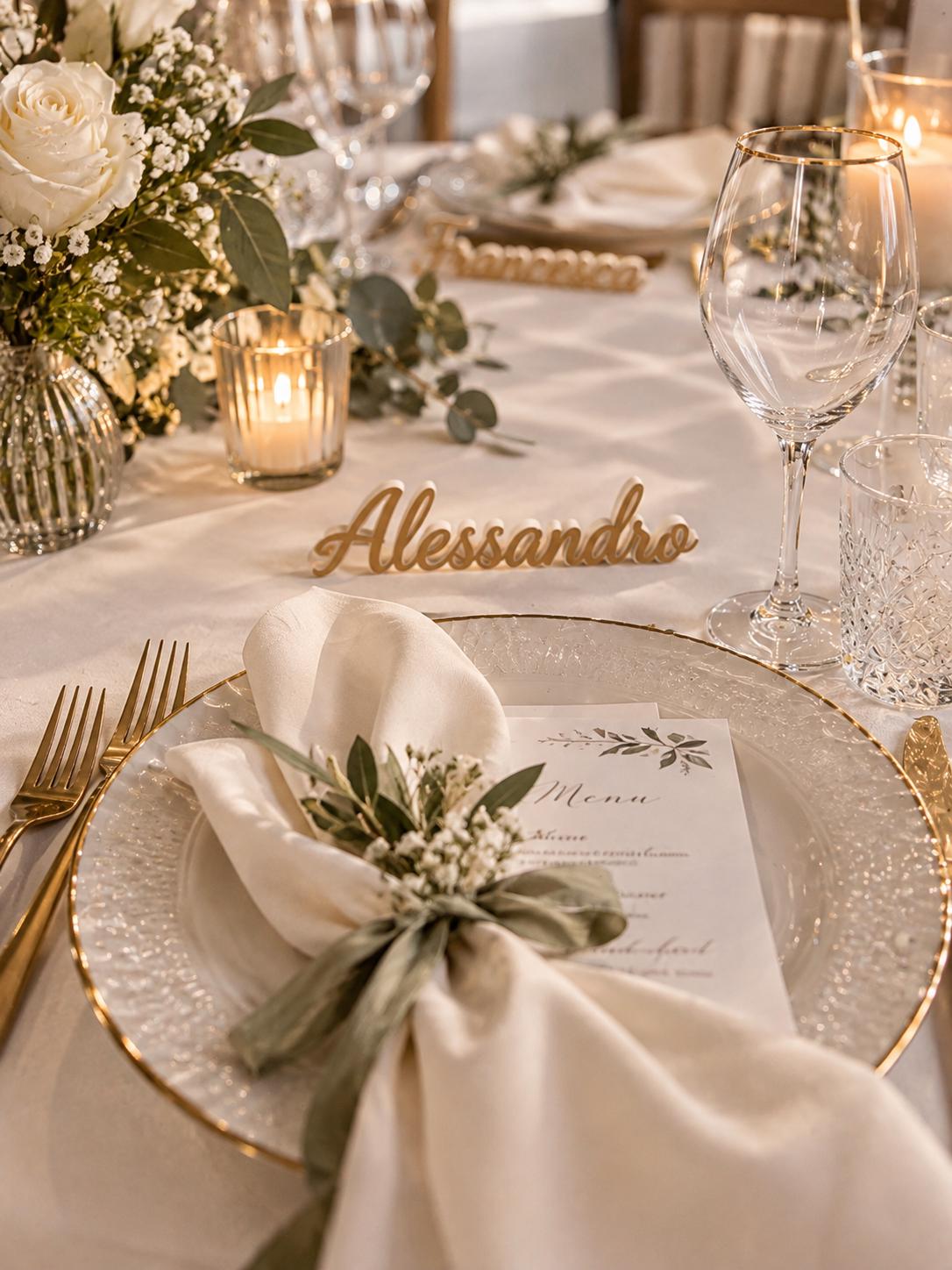 Segnaposto Alessandro dorato su una tavola da matrimonio con fiori e tovagliolo avorio