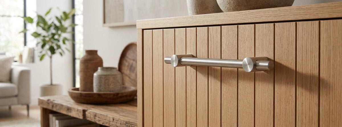 Maniglia ROUND montata in orizzontale su un mobile in legno.