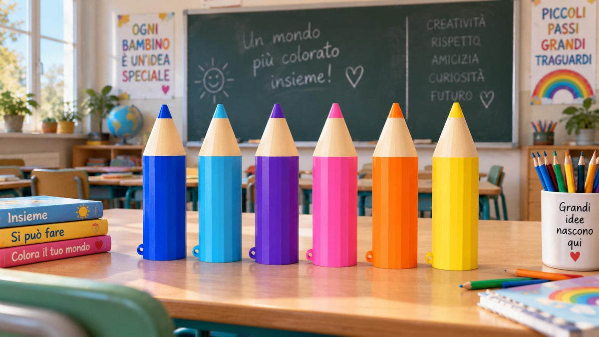 Matite giganti decorative in diversi colori esposte su un tavolo in un'aula scolastica