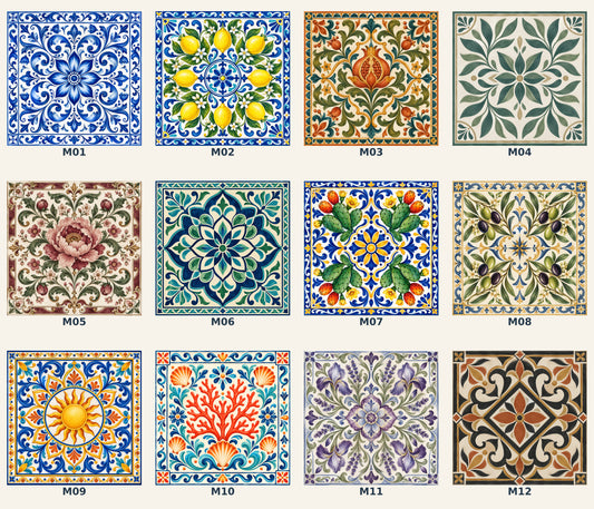 Catalogo 3DodLAB dei dodici decori di maiolica mediterranea, numerati da M01 a M12