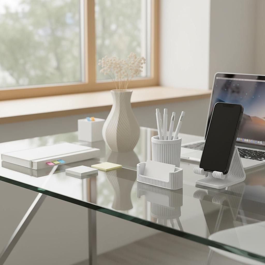 Accessori da scrivania bianchi con portapenne, portabiglietti e supporto telefono in un home office
