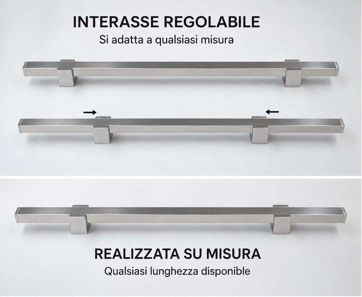 Schema dei supporti scorrevoli della maniglia SQUARE per regolare l'interasse durante il montaggio.