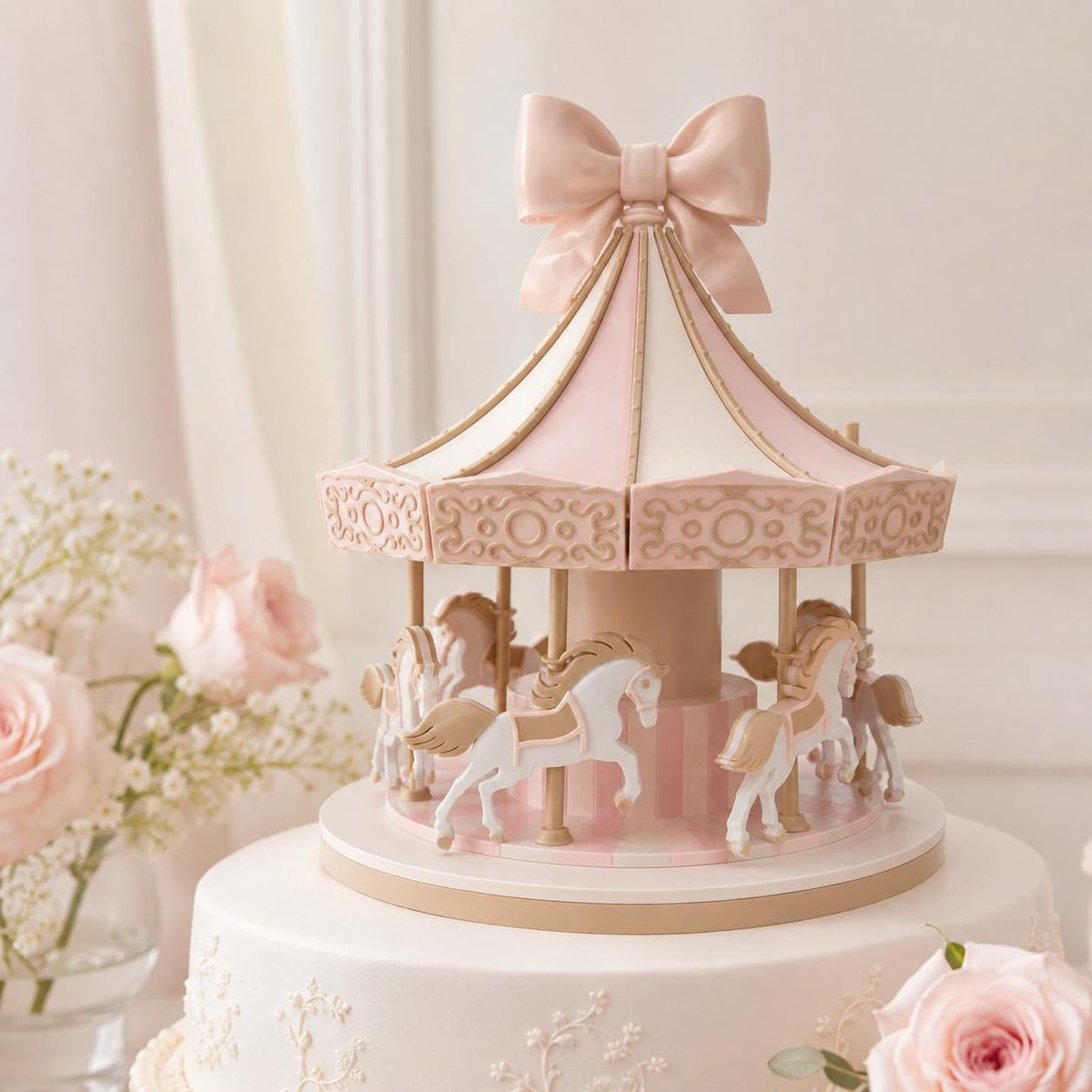 Esempio di allestimento con carosello rosa e beige, cavallini bianchi e fiocco sopra una torta