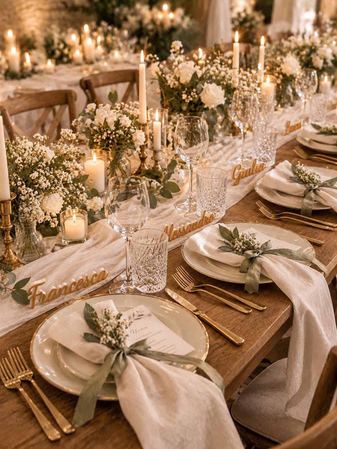 Tavola da matrimonio allestita con segnaposti personalizzati, fiori e candele