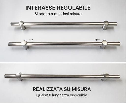 Schema della regolazione dell'interasse della maniglia ROUND tramite lo scorrimento dei supporti.