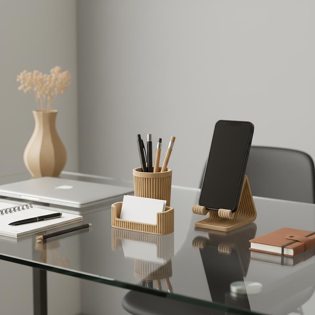 Accessori da scrivania beige ambientati su un tavolo da ufficio con telefono, penne e biglietti