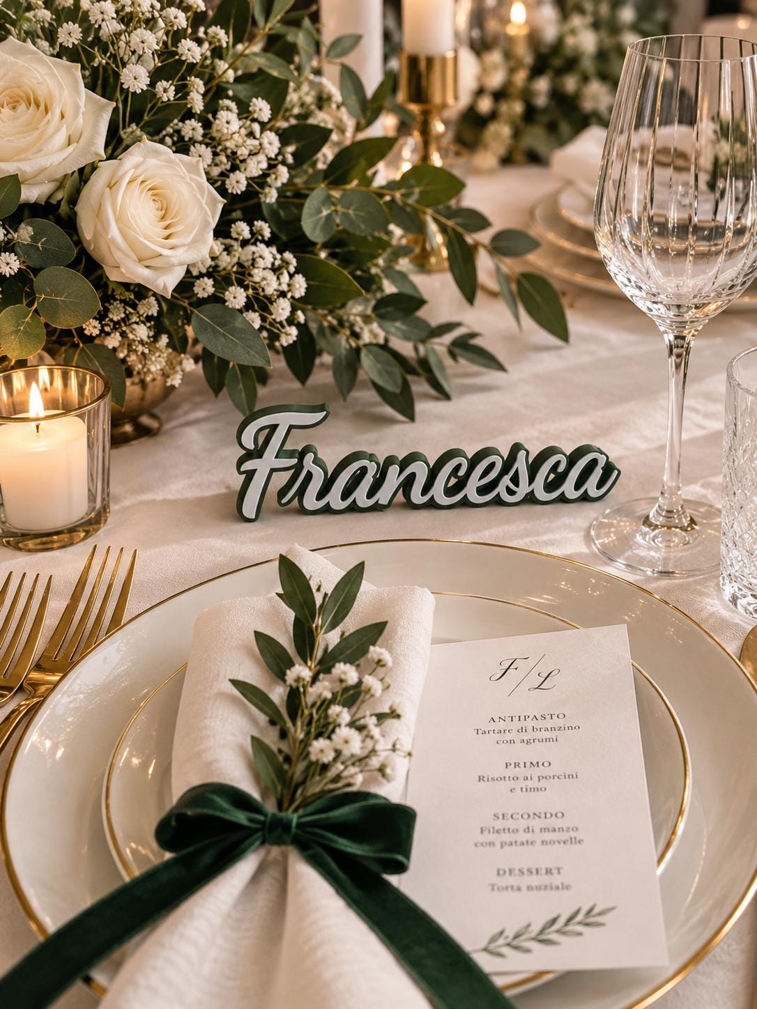 Segnaposto Francesca bicolore verde bosco e bianco con tovagliolo verde
