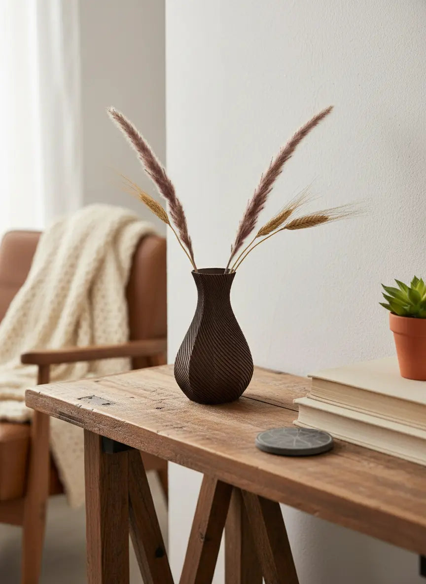 Vaso ottagonale color rame con fiori secchi su una consolle in legno