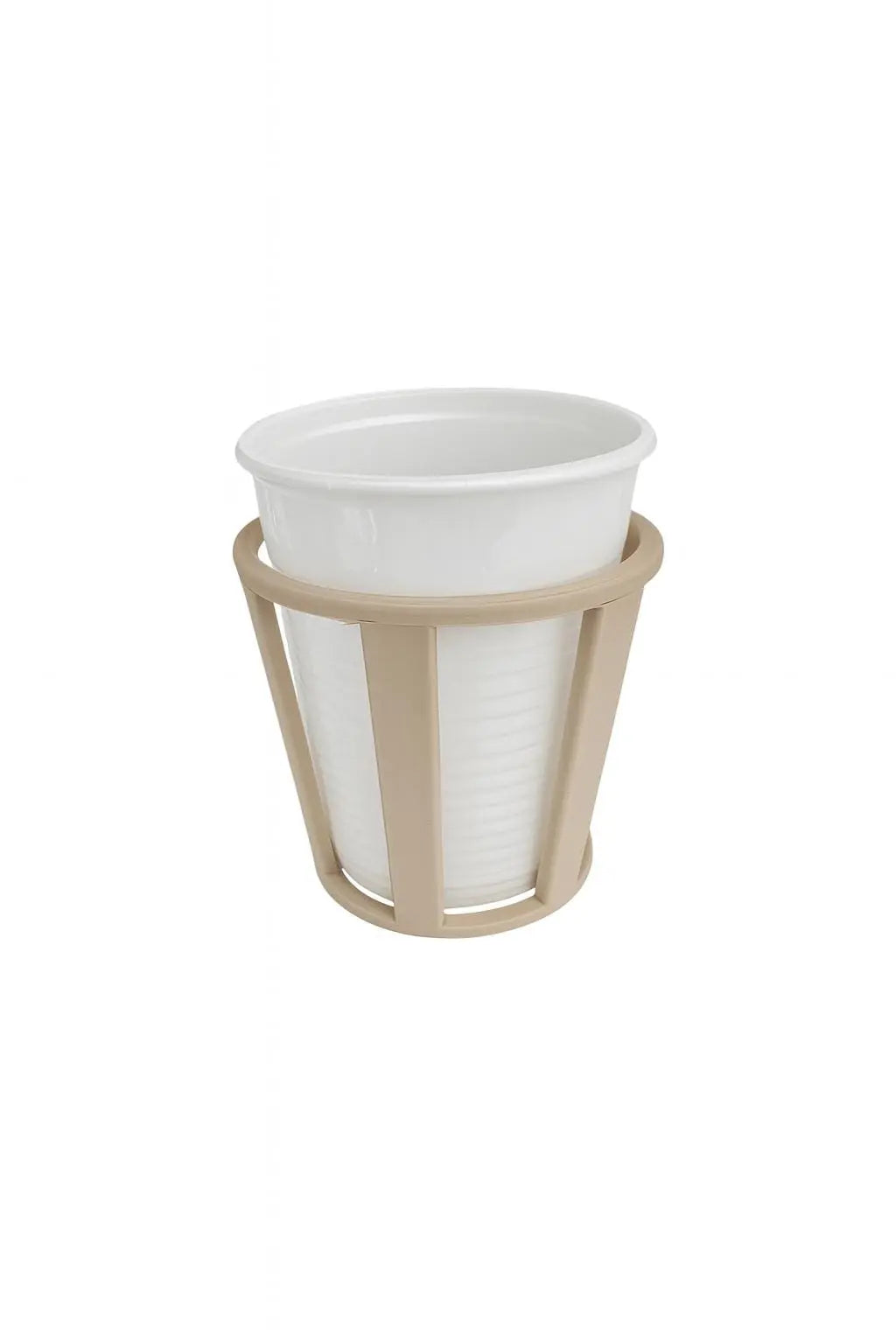 Portabicchieri a gabbia beige con bicchiere monouso bianco inserito