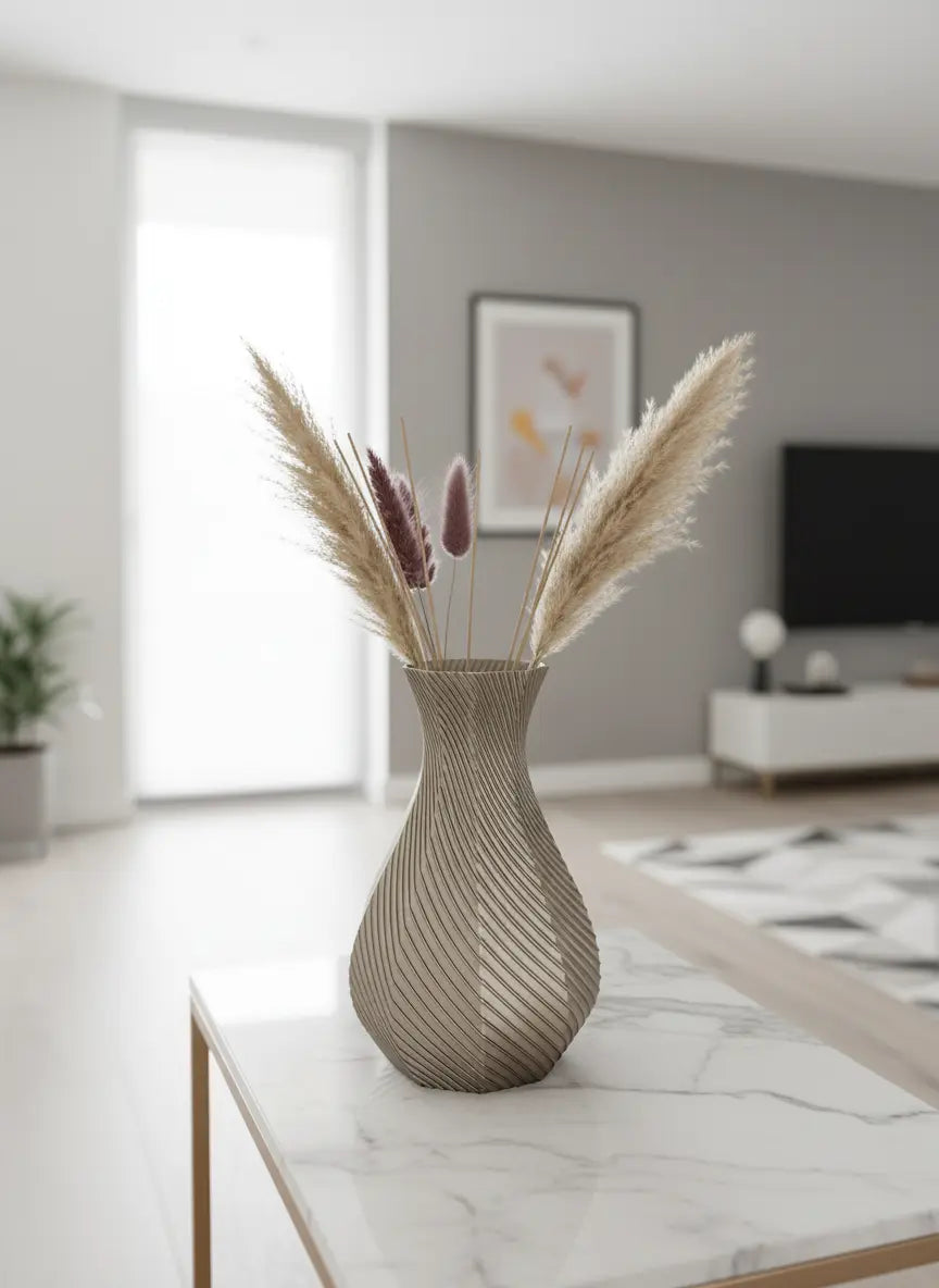 Vaso ottagonale Champagne con fiori secchi e pampas su un tavolino effetto marmo in soggiorno