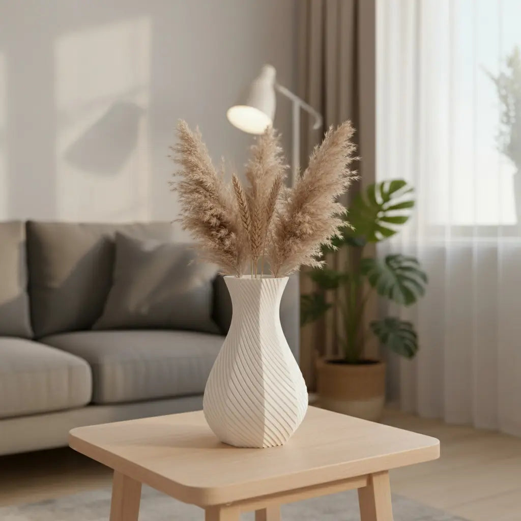 Vaso ottagonale bianco con pampas su un tavolino in un soggiorno moderno